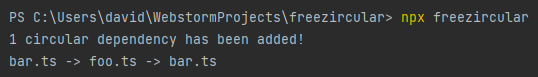 A screenshot of Freezircular finding a new circular dependency